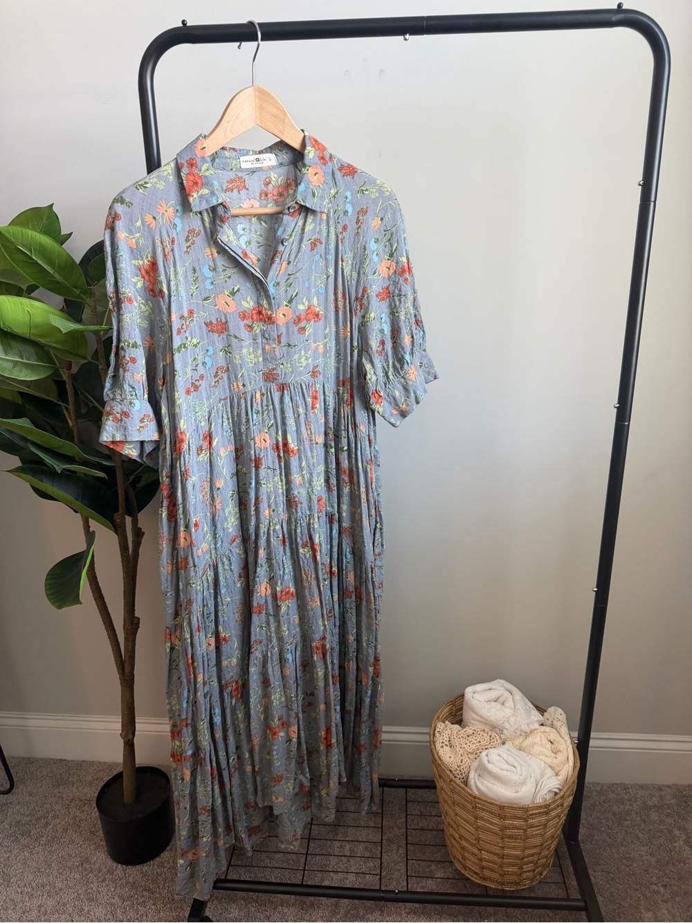 Natural Life Floral Collared Maxi Dress with Short Flutter Sleeves